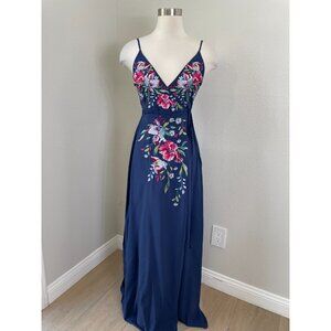 Soieblu Womens Small Navy Floral Embroidered Wrap Maxi Dress Sleeveless